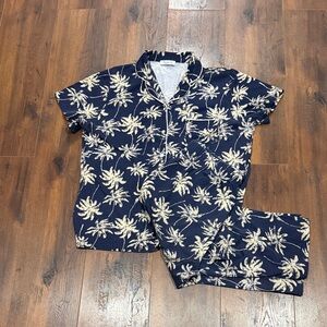 Tugege Tropical Navy Cotton Polyester Short Sleeve Set Cropped Women PJ Set XL